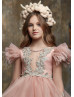 Feifei Sleeves Beaded Lace Tulle Waterfall Ruffle Flower Girl Dress